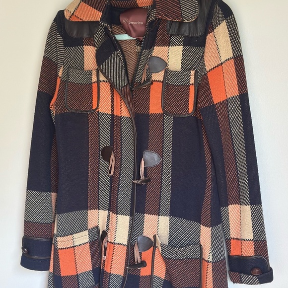 525 America Womens Orange & Navy Buffalo Plaid & Leather Trim Coat Toggle Button - Picture 2 of 10